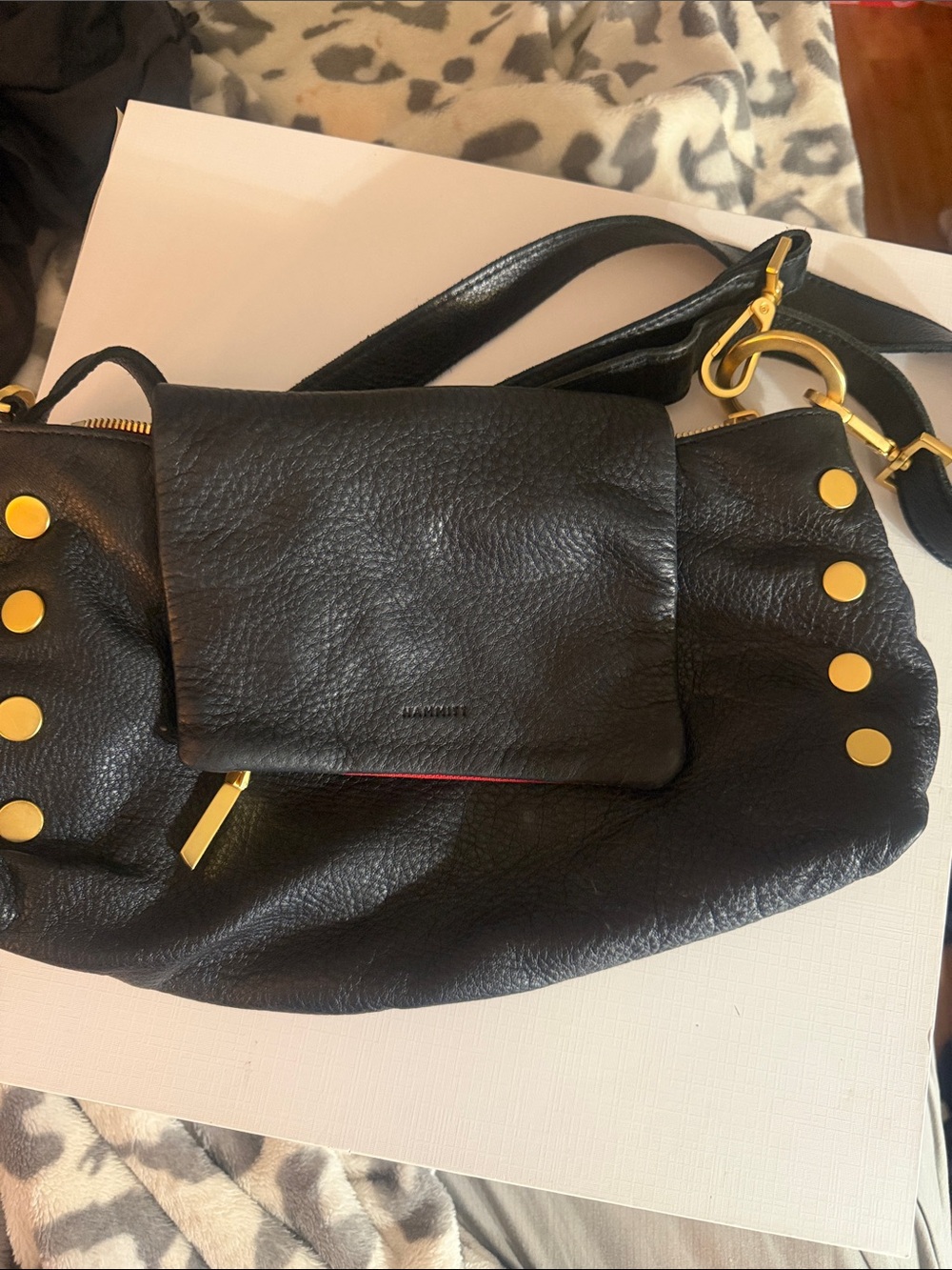 Hammitt VIP Satchel Black Leather Brushed Gold Red Zip Crossbody Bag